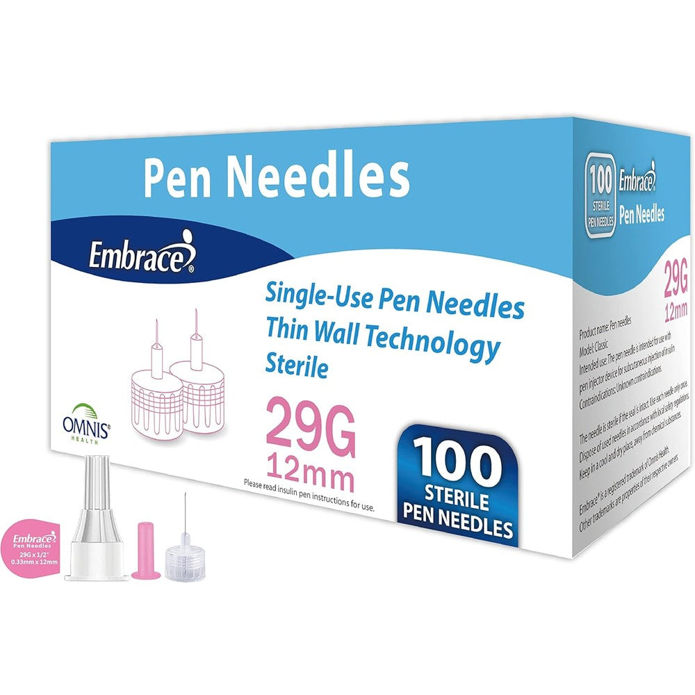 Embrace Insulin Pen Needles 29G 12mm 100 count box front view for diabetic care.
