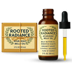 Rooted Radiance Ayurvedic Belly Button Oil front view of 2 ounce amber bottle for Nabhi therapy