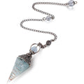 Justinstones MAIBAOTA natural aquamarine crystal pendulum front view displaying faceted pointed cone design for dowsing.