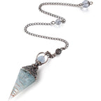 Justinstones MAIBAOTA natural aquamarine crystal pendulum front view displaying faceted pointed cone design for dowsing.