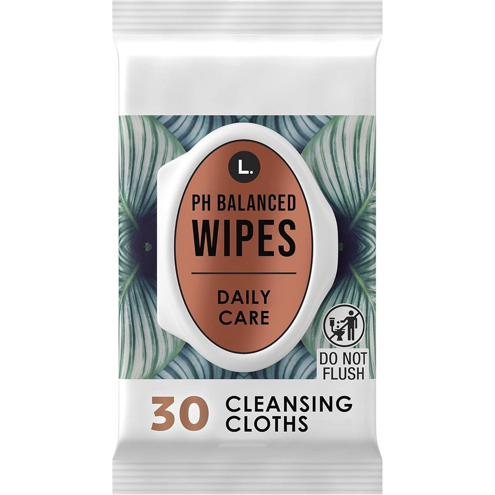L. pH Balanced Wipes Fragrance Free 30 count front packaging showing hypoallergenic label.
