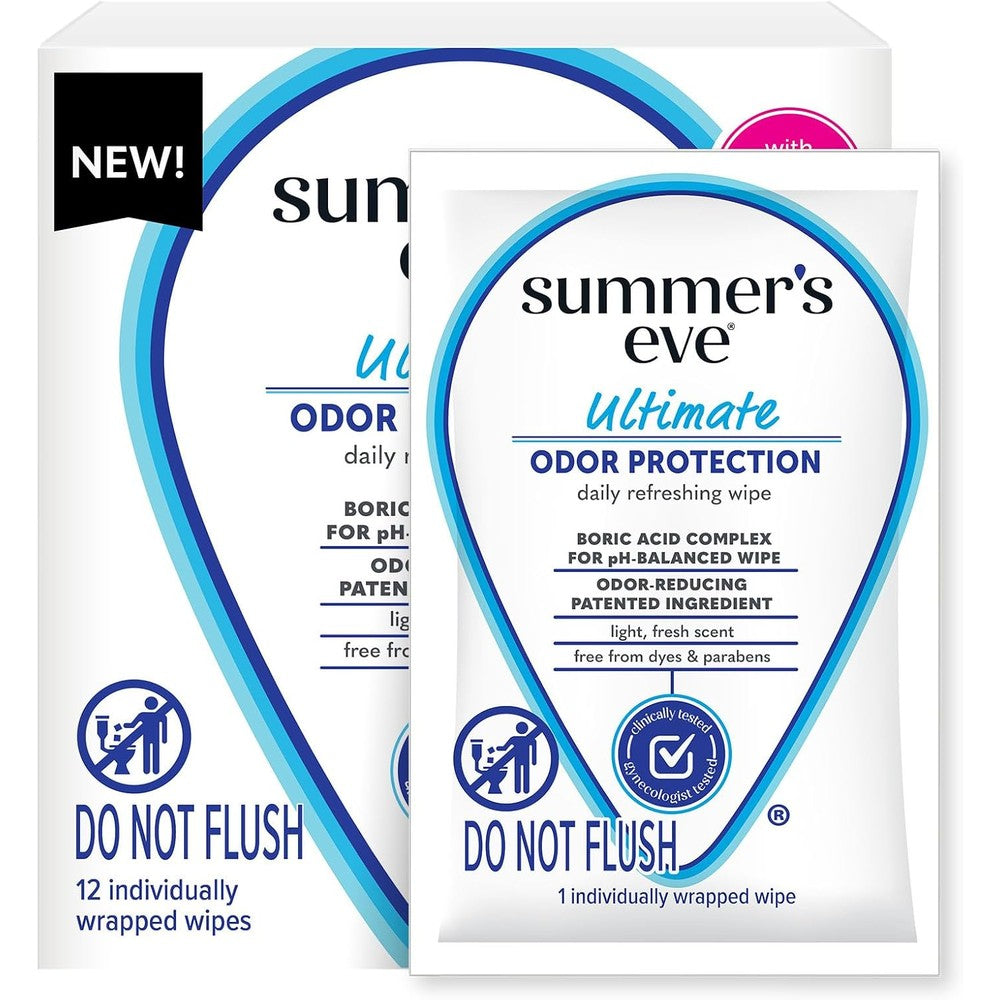 Summer's Eve Ultimate Odor Protection Feminine Wipes front packaging showing 12 count box for intimate hygiene.