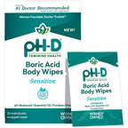 pH-D Feminine Health Boric Acid Wipes front packaging showing 20 count pack.