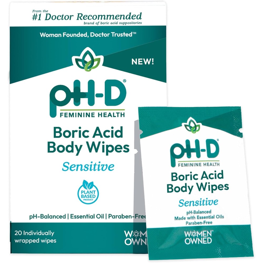 pH-D Feminine Health Boric Acid Wipes front packaging showing 20 count pack.
