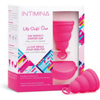 Intimina Lily Cup One front view showing pink collapsible silicone body and removal loop.