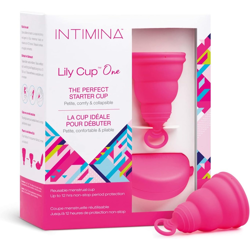 Intimina Lily Cup One front view showing pink collapsible silicone body and removal loop.