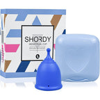 SHORDY Menstrual Cup Large Blue front view showing flexible silicone body.