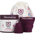 Uva Reusable Menstrual Cup Heavy Flow Kit front view with sterilizer.