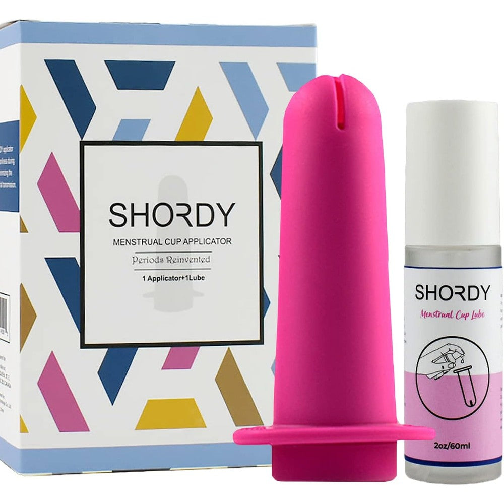 SHORDY Menstrual Cup Applicator Tool front view with lubricant gel bottle.