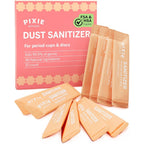 Pixie Cup Dust Menstrual Cup Sanitizer powder bottle front view for period hygiene.