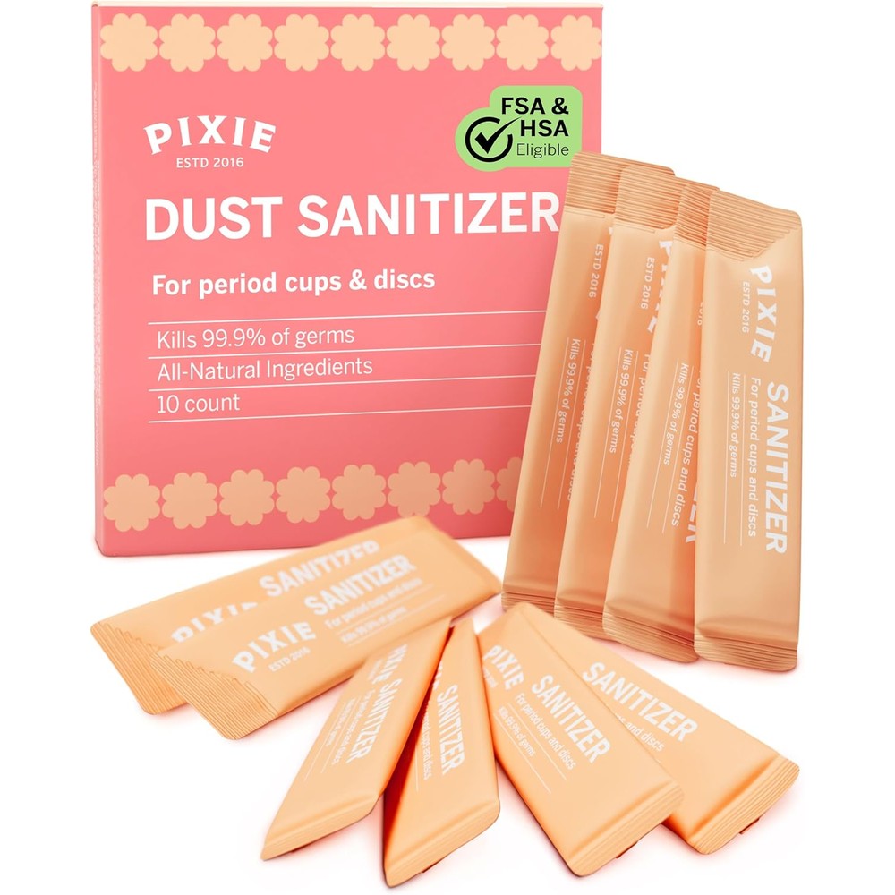 Pixie Cup Dust Menstrual Cup Sanitizer powder bottle front view for period hygiene.