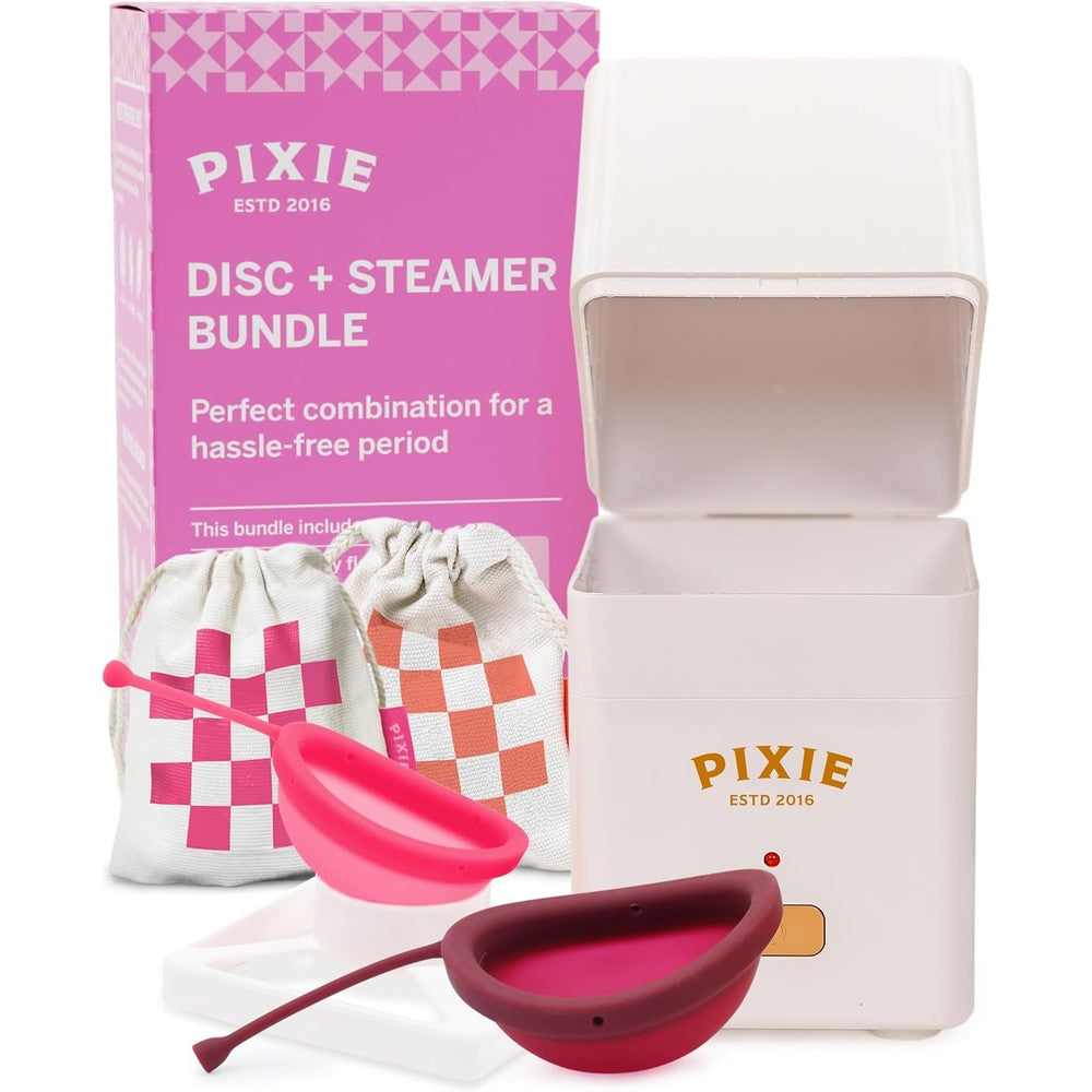 Pixie Cup Menstrual Disc and Sophie Steamer kit front view for period hygiene.