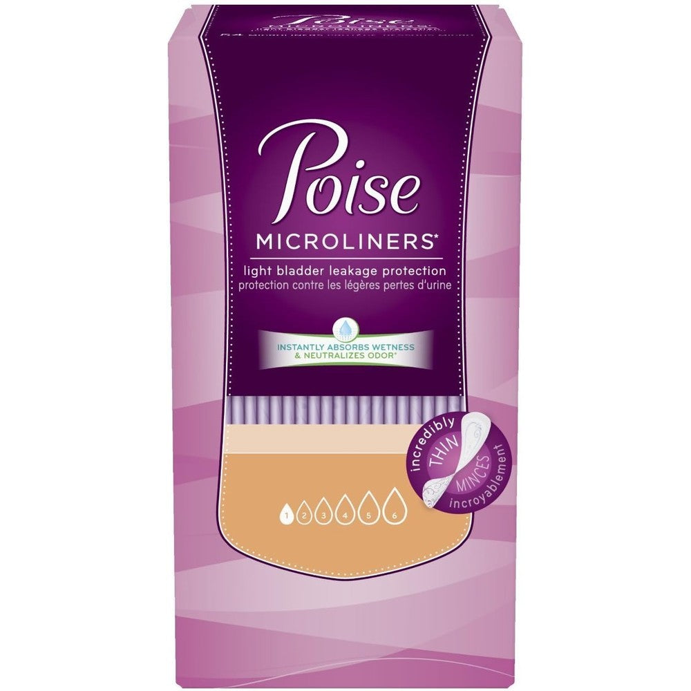Poise Microliners Long Length packaging front view for light bladder leakage protection.