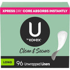 U by Kotex Clean and Secure Long Panty Liners 96 Count front packaging.
