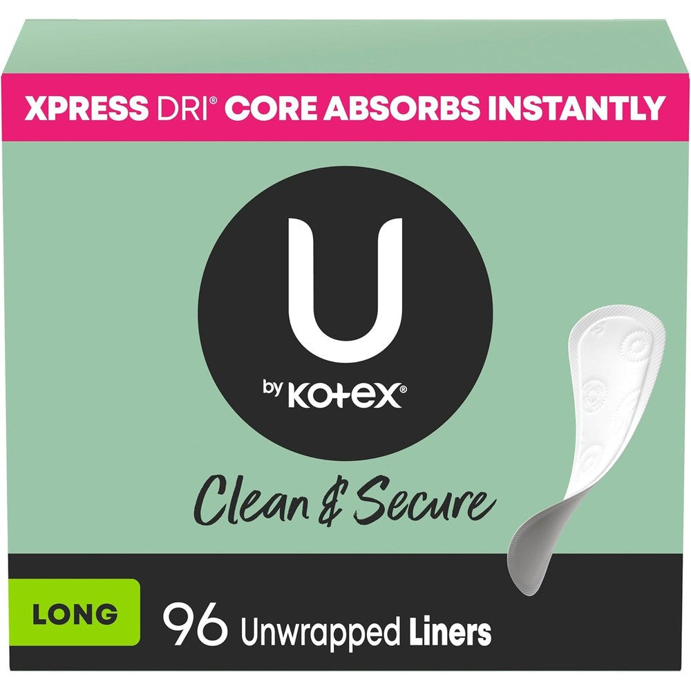 U by Kotex Clean and Secure Long Panty Liners 96 Count front packaging.