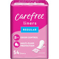 Carefree Acti-Fresh Regular Unscented Panty Liners 54 count front packaging view.