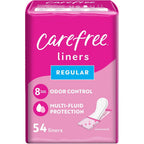 Carefree Acti-Fresh Regular Unscented Panty Liners 54 count front packaging view.