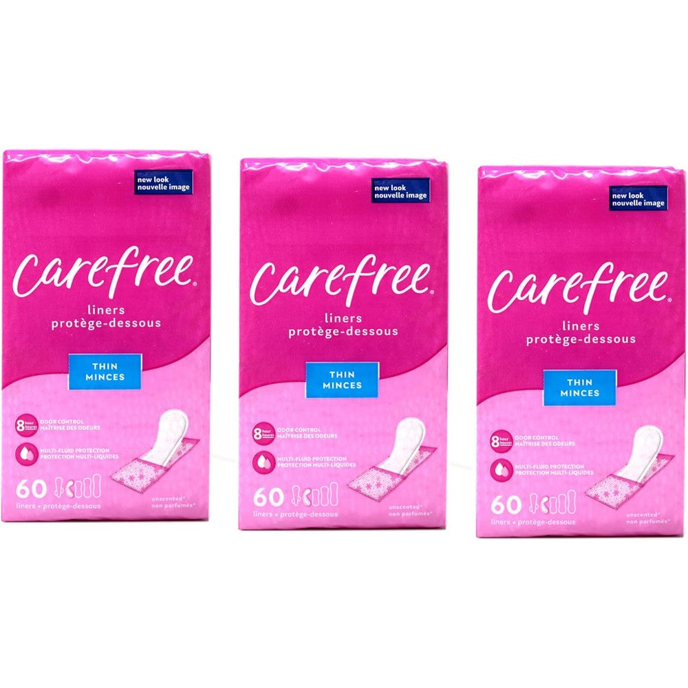 Carefree Acti-Fresh Body Shape Pantiliners front view pack of 3 for daily feminine hygiene.