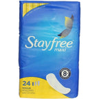 Stayfree Maxi Regular Pads 24 count front packaging showing 8 hour protection.