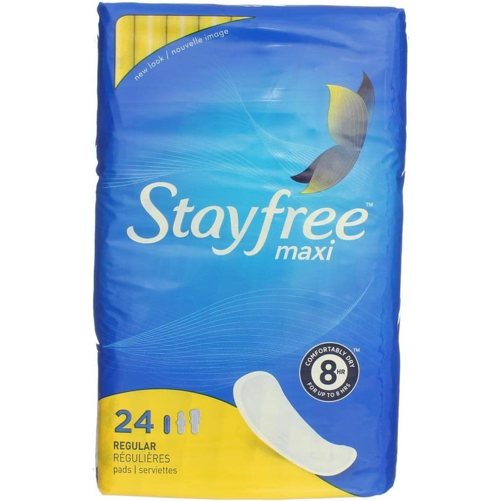 Stayfree Maxi Regular Pads 24 count front packaging showing 8 hour protection.