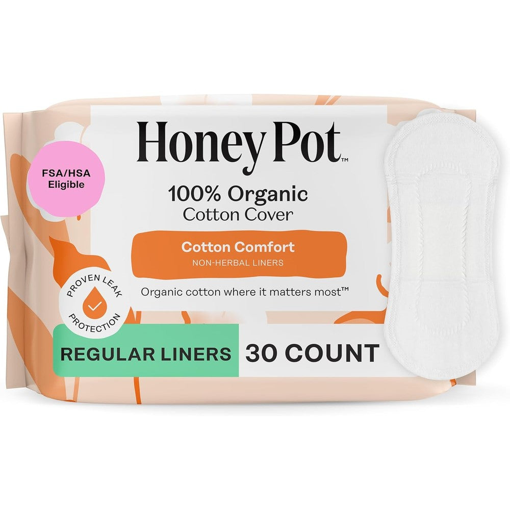 The Honey Pot Company Non-Herbal Everyday Panty Liners 30 count front packaging showing organic cotton certification.