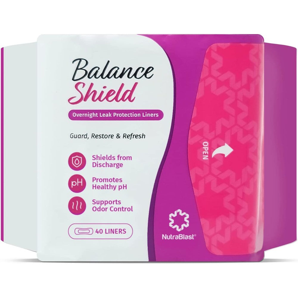 NutraBlast Balance Shield Panty Liners 40 count pack front view daily hygiene protection.