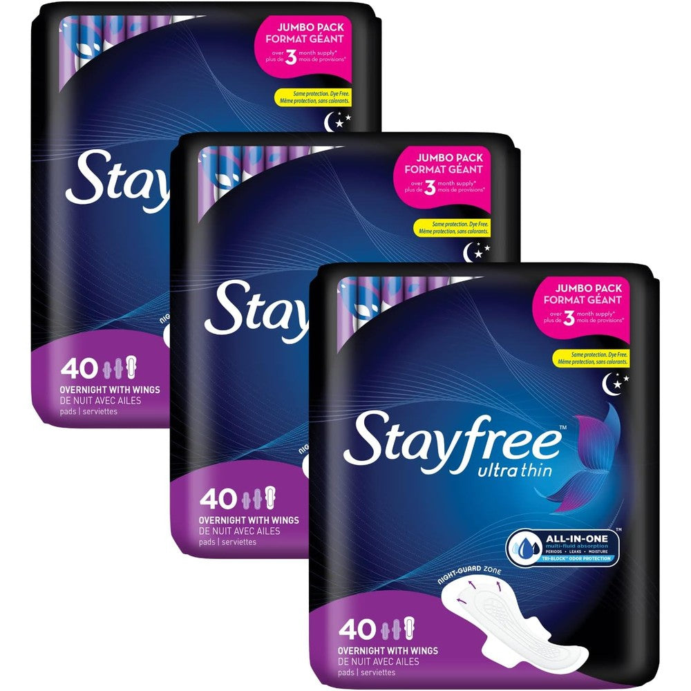 Stayfree Ultra Thin Overnight Pads with Wings 40 count pack front view