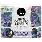 L. Extra Long Maxi Pads 56 Count front view showing organic cotton branding.
