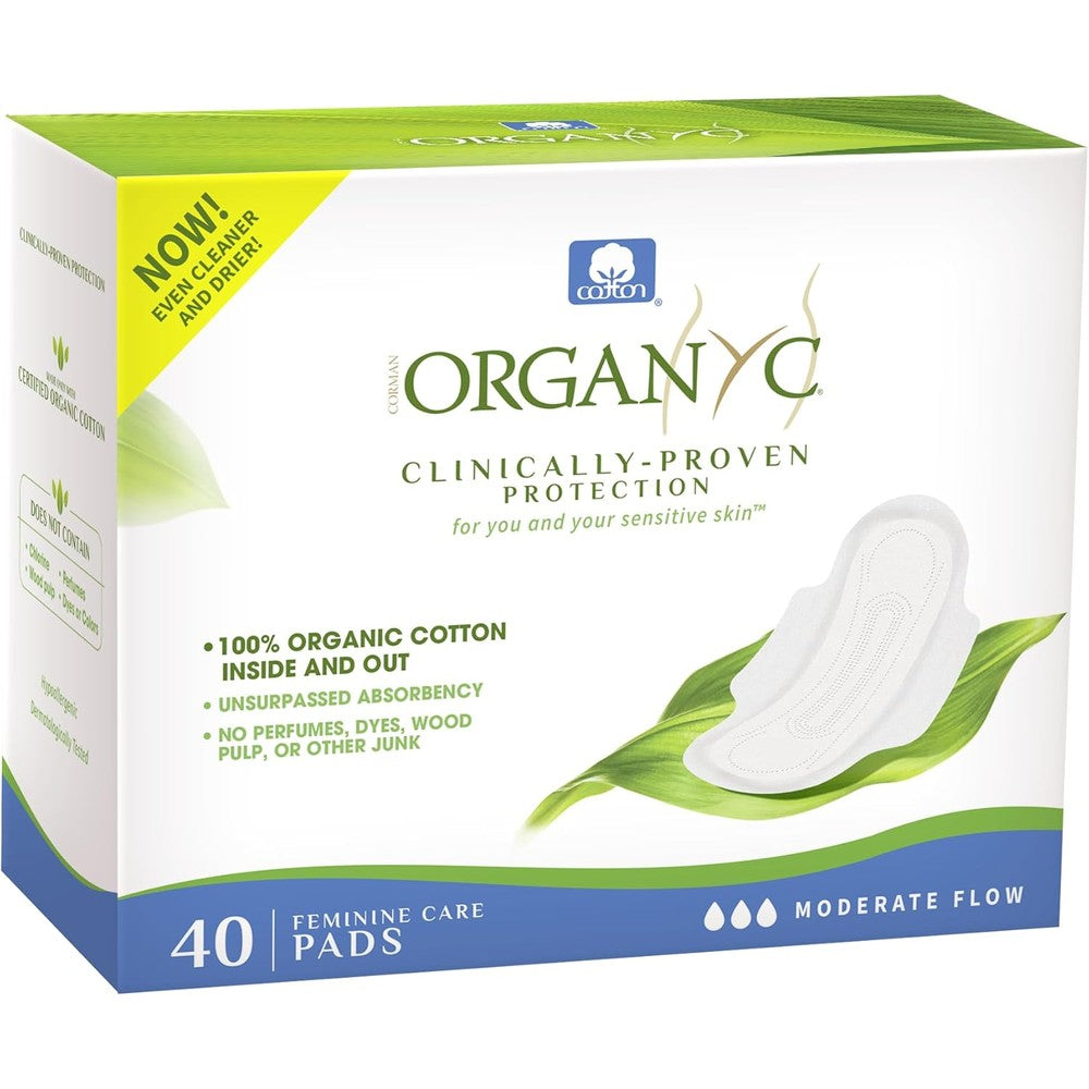 Organyc 100 Percent Organic Cotton Feminine Pads front packaging 40 count moderate flow.