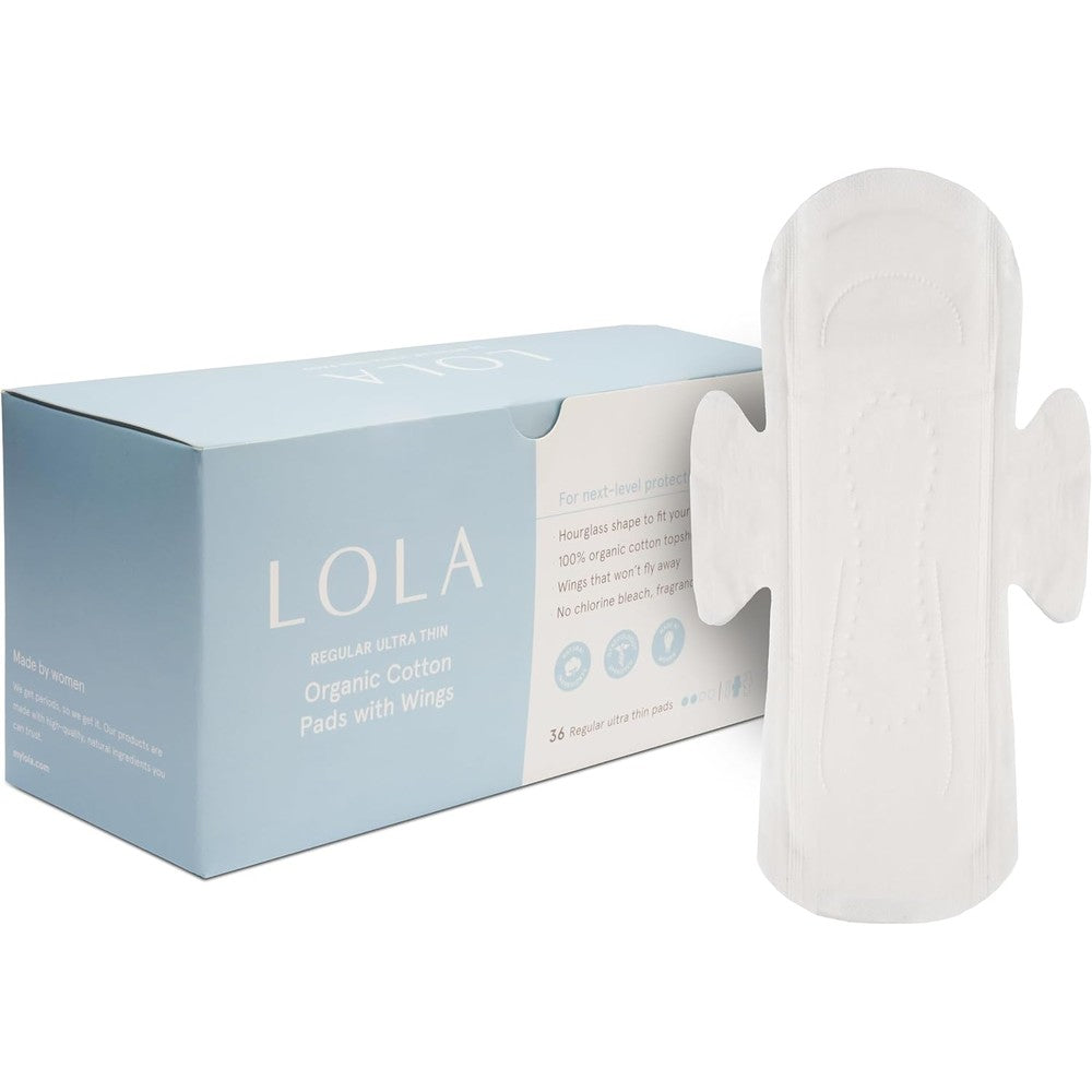 LOLA Organic Cotton Pads 36 count front box view for women feminine care