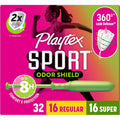 Playtex Sport Odor Shield Tampons Multipack front view showing 32 count packaging