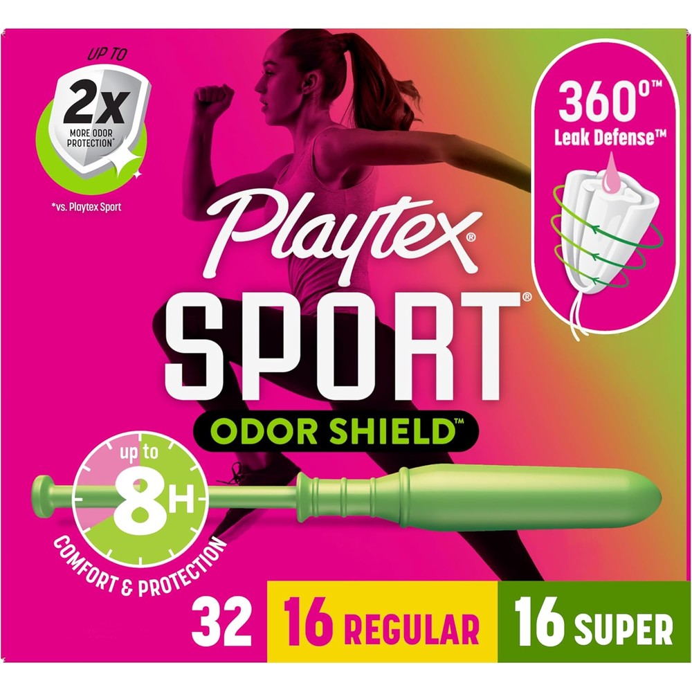 Playtex Sport Odor Shield Tampons Multipack front view showing 32 count packaging