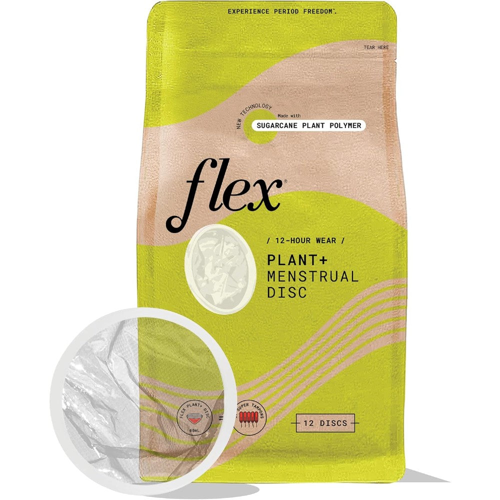 Flex Plant Plus Disc front packaging view showing 12 count box for sustainable period care.