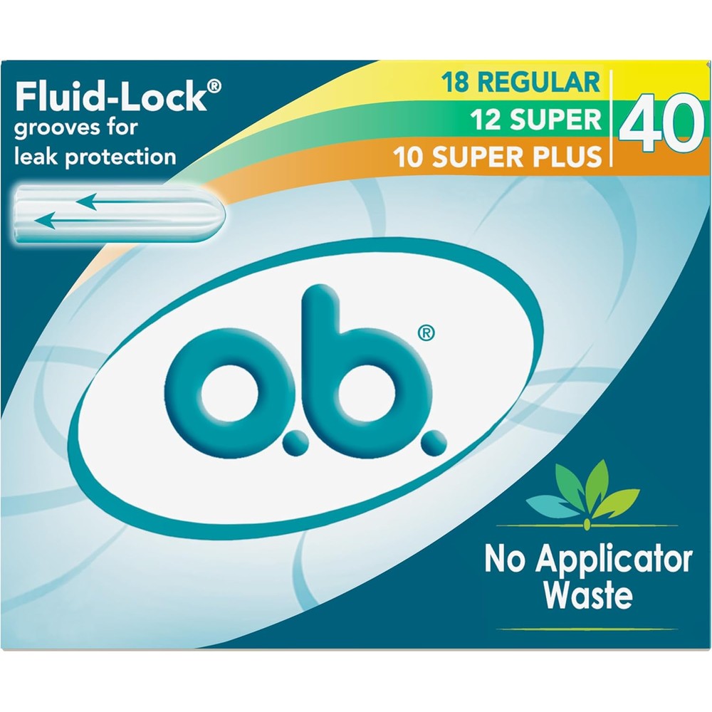 o.b. tampons multipack showing 18 regular 12 super and 10 super plus counts