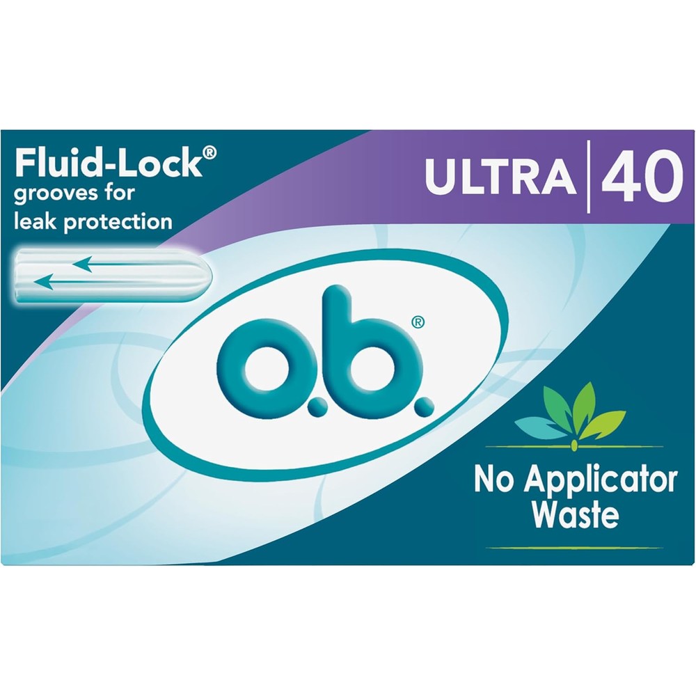 o.b. Applicator Free Ultra Tampons 40 count box front view for heavy flow.