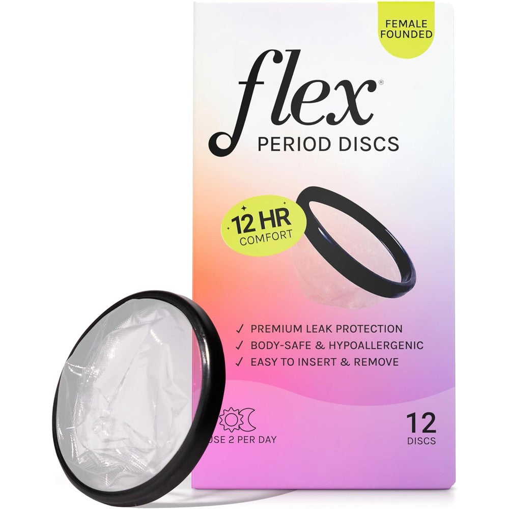 Flex Menstrual Discs 12 count box front view for period protection.