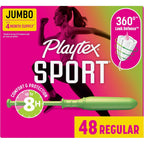Playtex Sport Regular Absorbency Tampons 48 count front box view for athletic protection.
