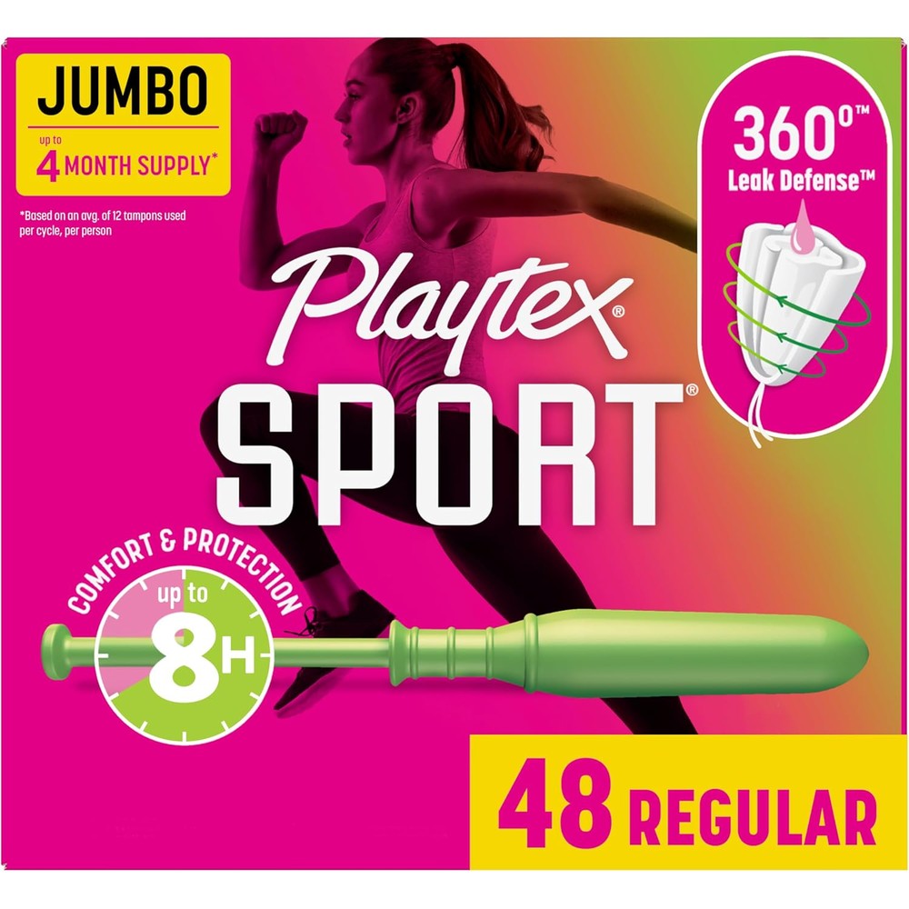 Playtex Sport Regular Absorbency Tampons 48 count front box view for athletic protection.