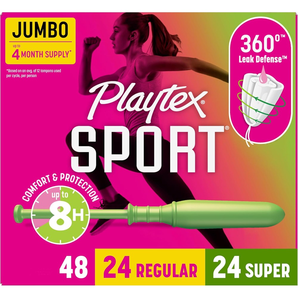 Playtex Sport Tampons Multipack front view showing 48  box with regular and super options.