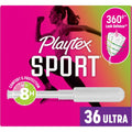Playtex Sport Tampons Ultra Absorbency 36 front box view for athletic feminine care.
