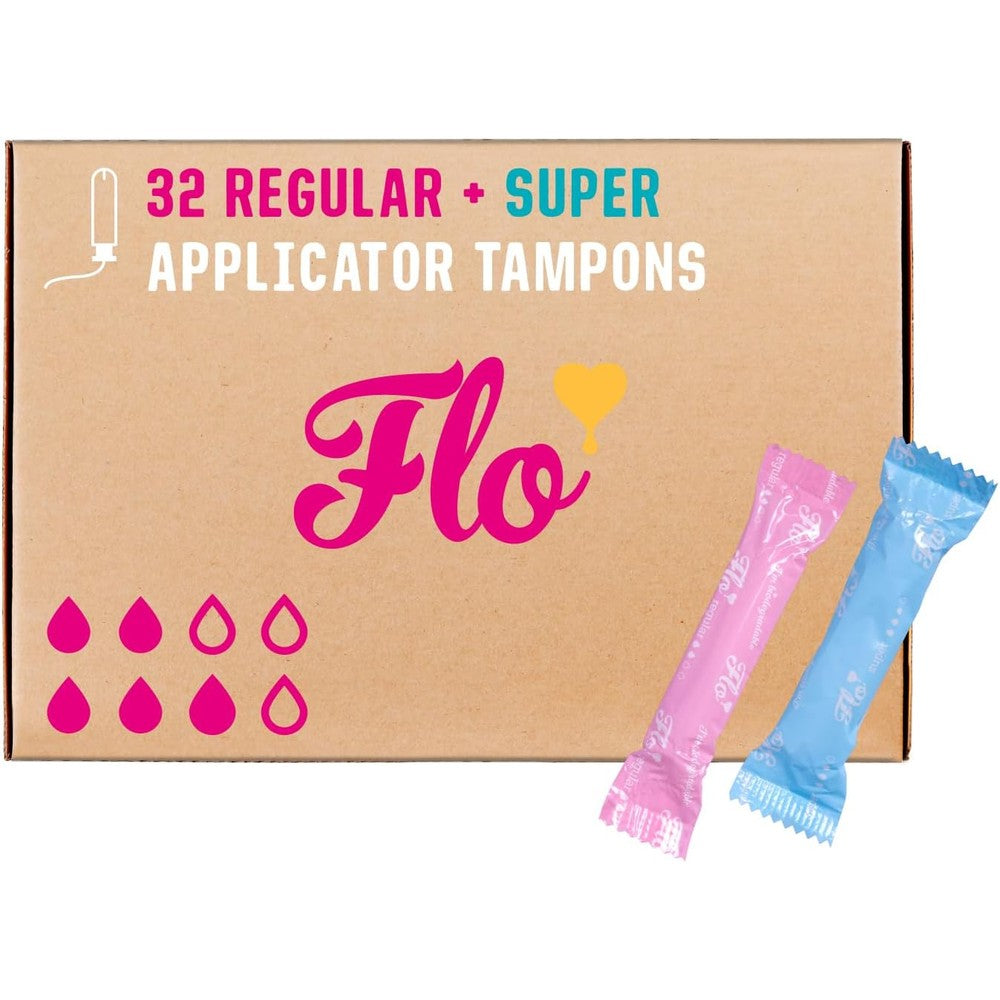 FLO Organic Cotton Tampons 32 pack front view of packaging