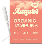 August Light Tampons 24-pack front view showing organic cotton packaging.