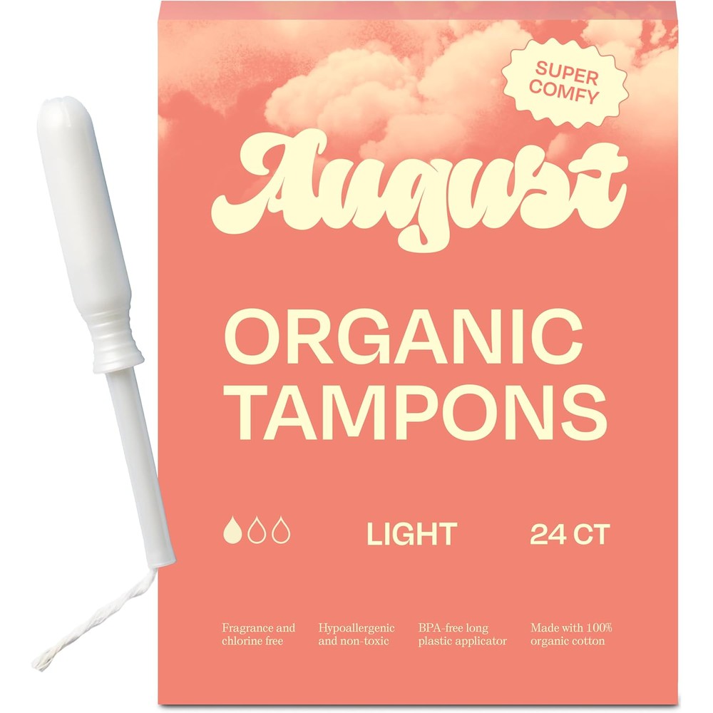 August Light Tampons 24-pack front view showing organic cotton packaging.