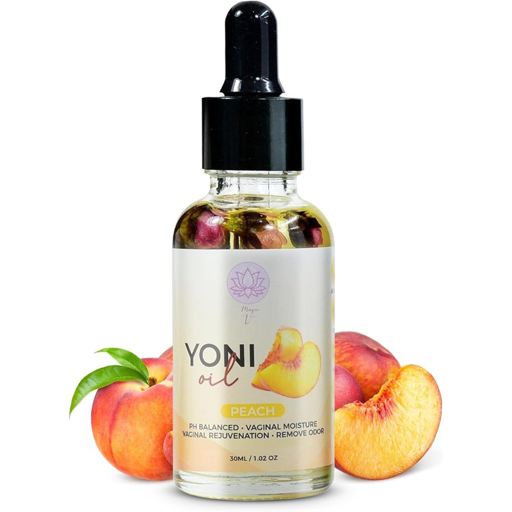 Magic V Steam Yoni Oil Peach Scent dropper bottle front view for feminine care