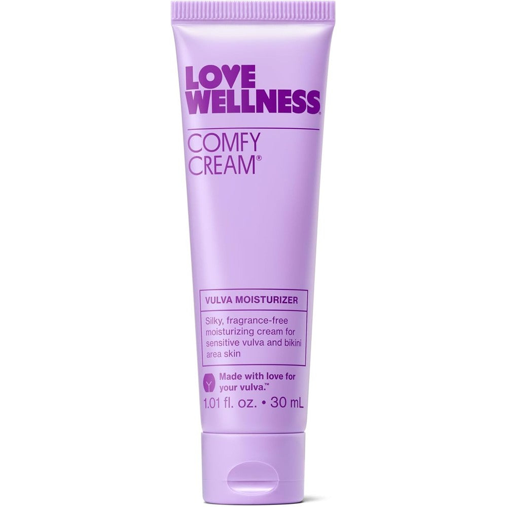 Love Wellness Comfy Cream front view tube for intimate moisturizing.