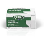 Curad Alcohol Disinfectant Prep Pads 200 count box front view for sterile skin cleansing.