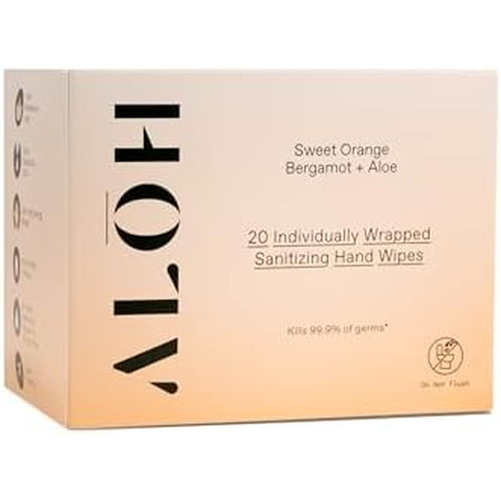 ALŌH Skin - Softening Sanitizing Hand Wipes – Sweet Orange Bergamot (1 Box of 20 Individual Wrapped Wipes)