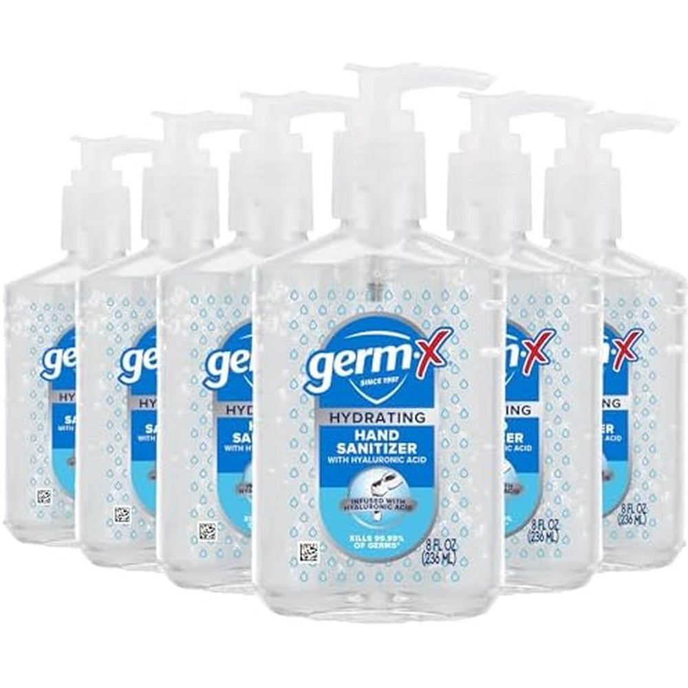 Germ-X Hydrating Hand Sanitizer, with Hyaluronic Acid, 8 FL Oz (Pack of 6), No Rinse Formula, Sanitizing Liquid Gel for All Skin Types, Formulated without Parabens, Phthalates & Dyes