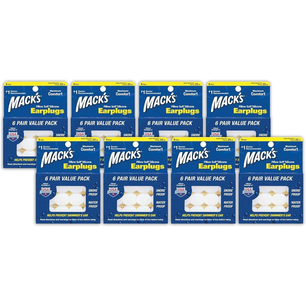 Mack's Pillow Soft Silicone Earplugs Value Pack front view packaging showcasing white moldable putty ear plugs for noise reduction.