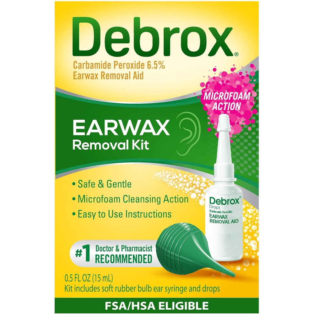 Debrox Ear Wax Removal Kit front view showing bottle and bulb syringe for ear cleaning